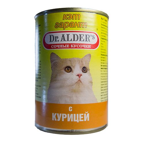 Корм для кошек Dr. ALDER`s Cat Garant сочные кусочки в соусе, курица конс. 415г
