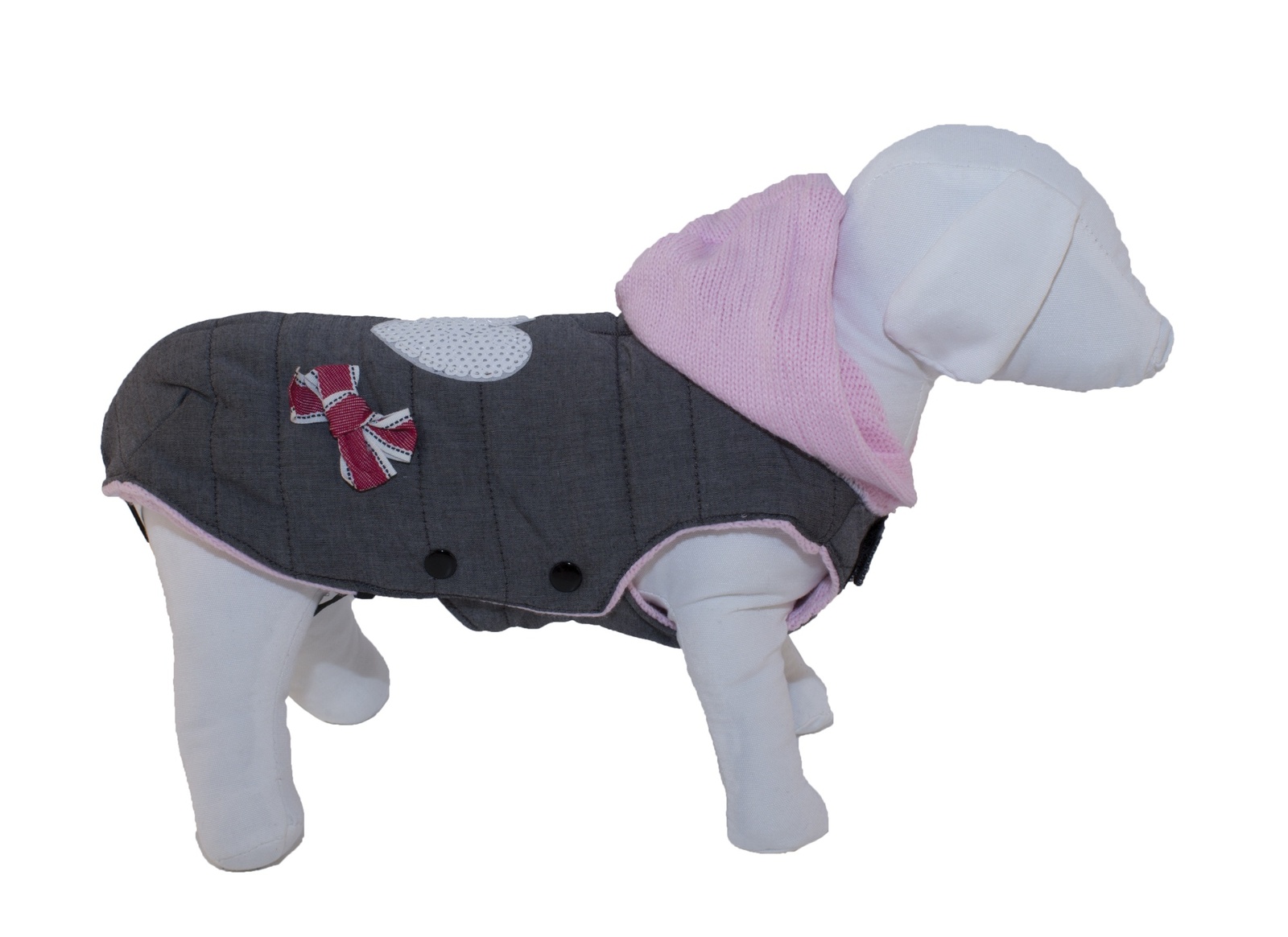 Ferribiella одежда Ferribiella одежда утепленный жилет с аппликацией и вязянным капюшоном "Любимец", серый с розовым капюшоном (36 см)