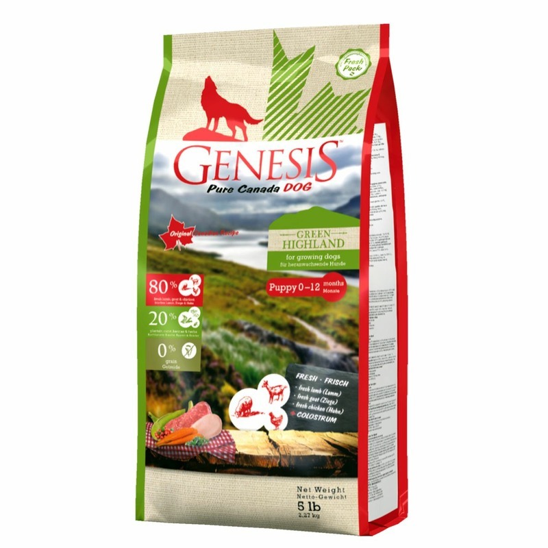 Genesis Pure Canada Green Highland Puppy для щенков, юниоров, беременных и кормящих взрослых собак всех пород с курицей, козой и ягненком - 2,27 кг