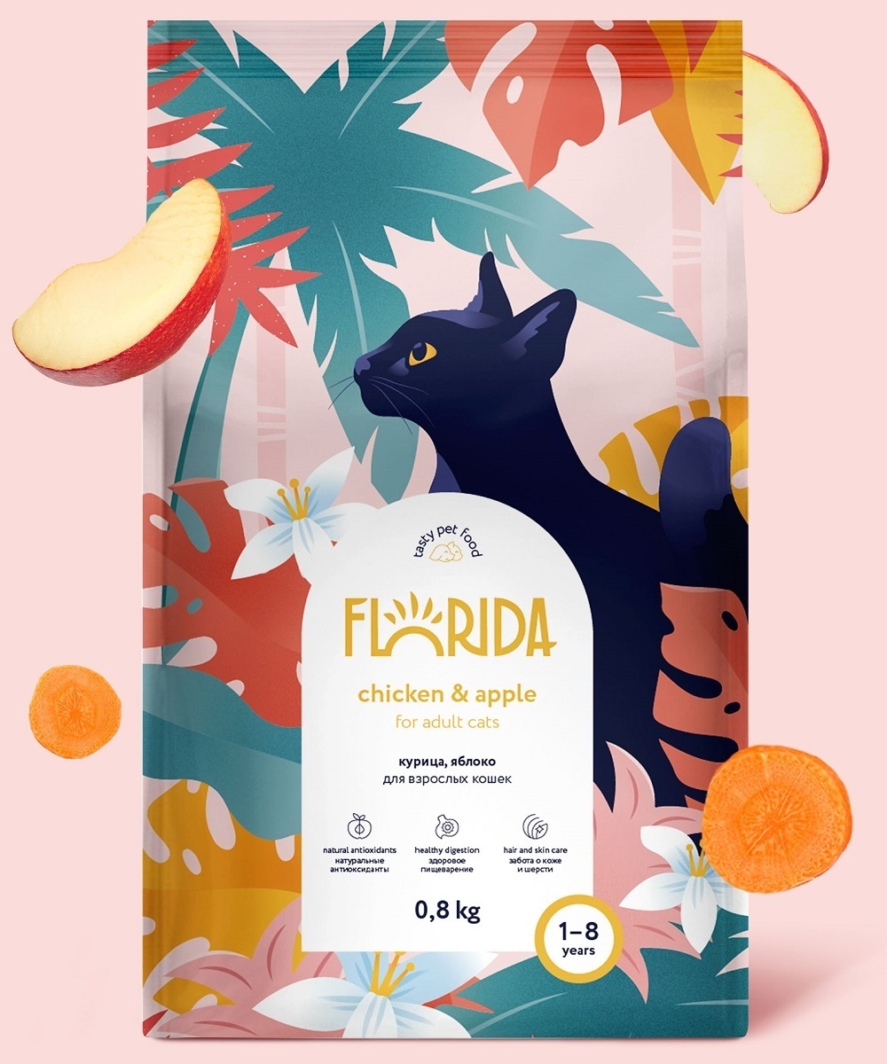 🐾 Купить FLORIDA FLORIDA сухой корм для взрослых кошек с курицей и яблоком  (4 кг) 53975, цена 2 005 ₽ в магазине или с доставкой на дом в городе  Москва | Fraulen