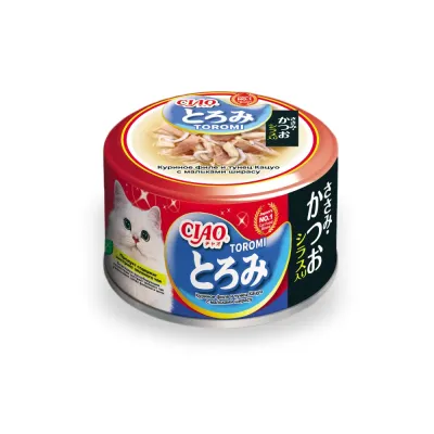 INABA CIAO Toromi Влажный корм (консервы) для кошек, куриное филе и тунец кацуо с мальками ширасу в бульоне, 80 гр.