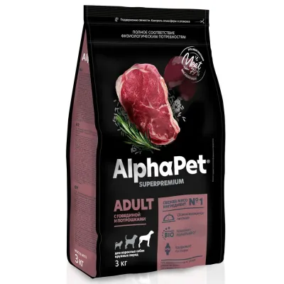 AlphaPet Сухой корм для собак крупных пород с говядиной и потрошками, 3 кг