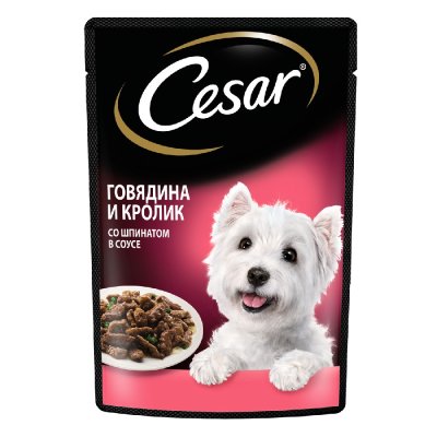 Cesar Влажный корм (пауч) для собак, говядина с кроликом и шпинатом, 85 гр.