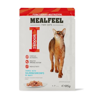 Mealfeel Indoor Влажный корм (пауч) для кошек, лосось и креветки в соусе с кусочками куриного филе, 85 гр.