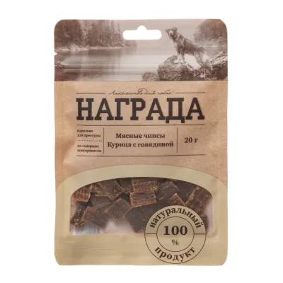 Награда Лакомство Мясные чипсы Курица с говядиной для собак, 20 гр.