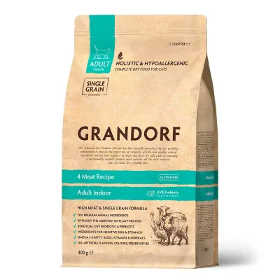 Grandorf Holistic Adult Indoor Сухой корм для взрослых домашних кошек, четыре вида мяса, 400 гр.