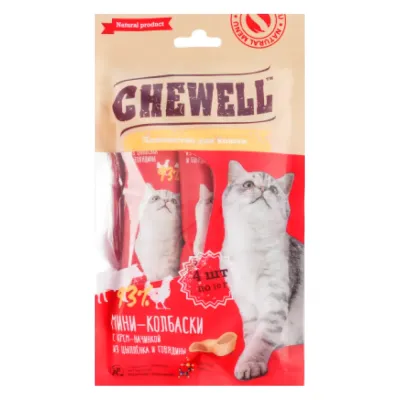 Chewell Лакомство Мини-колбаски с крем-начинкой из цыпленка и говядины для кошек, 40 гр.
