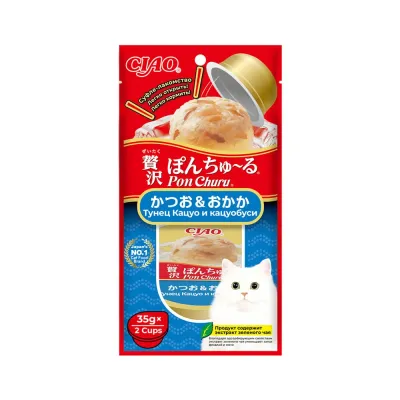 INABA CIAO Лакомство-суфле Pon Churu Тунец кацуо и кацуобуси для кошек, 2x35 гр.