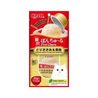 INABA CIAO Лакомство-суфле Pon Churu Куриное филе и морской гребешок для кошек, 2x35 гр.