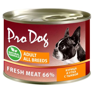 Корм для собак PRO DOG курица, утка, тыква банка 200г