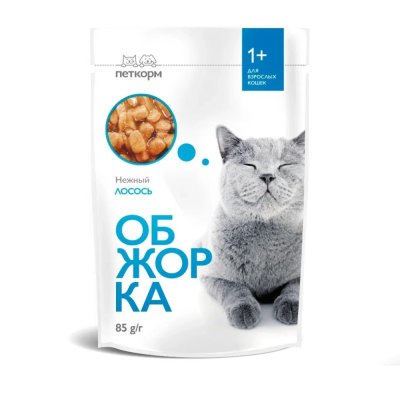 Корм для кошек ОБЖОРКА кусочки в соусе с лососем пауч 85г