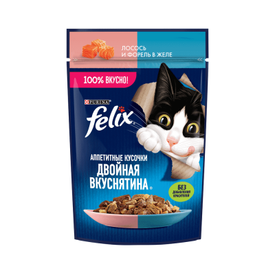 Корм для кошек FELIX Двойная Вкуснятина с лососем и форелью в желе пауч 75г