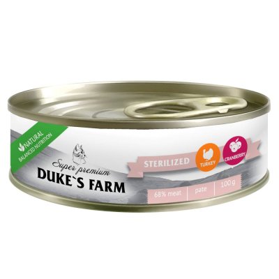 Корм для кошек DUKE'S FARM для стерилизованных, паштет индейка, клюква банка 100г