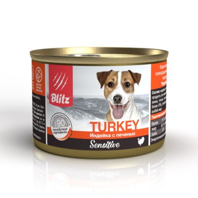 Корм для собак Blitz индейка с печенью банка 200г