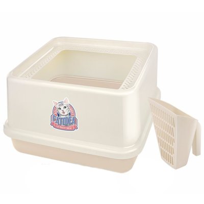 Туалет для кошек CATIDEA высокий борт, с совком, кремовый 44х44х25см