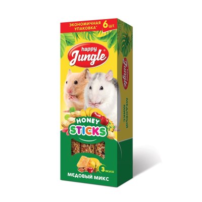 Лакомство для грызунов HAPPY JUNGLE Палочки для мелких грызунов, медовый микс, 6шт
