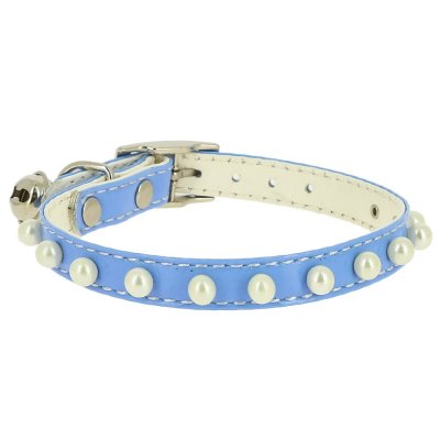 Ошейник для кошек КАСКАД "Синтетик" двойной прошитый с жемчугом и бубенчиком 10ммх30см синий