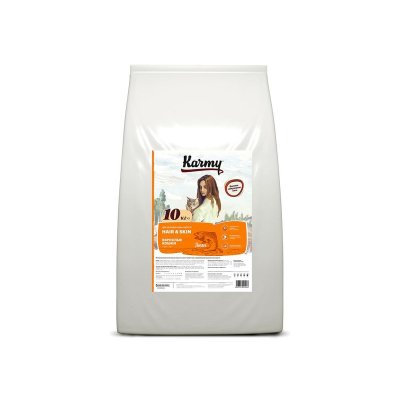 Karmy Hair &amp; Skin полнорационный сухой корм для кошек для здоровья кожи и шерсти, c лососем - 10 кг