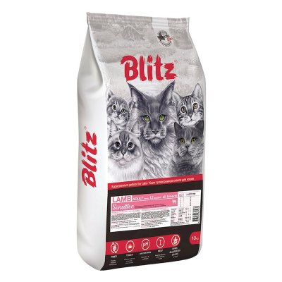Blitz Sensitive Adult Cats Lamb полнорационный сухой корм для кошек, с ягненком - 10 кг