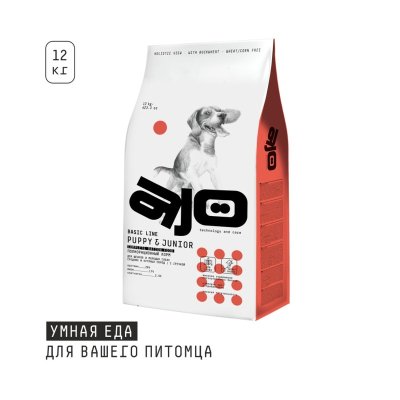 AJO Dog Puppy&amp;Junior сухой корм для щенков и молодых собак средних и крупных пород, с ИНДЕЙКОЙ и гречкой  - 12 кг