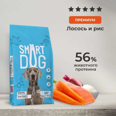 Сухие корма Smart Dog сухой корм Сухой корм для взрослых собак всех пород с лососем и овощами, ADULT, Salmon and vegetables (800 г)