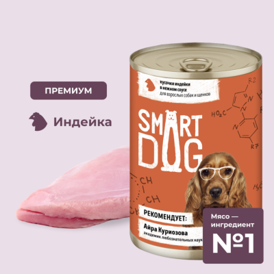 Консервы, паучи Smart Dog консервы Консервы для взрослых собак и щенков кусочки индейки в нежном соусе.  Влажный корм (850 г)