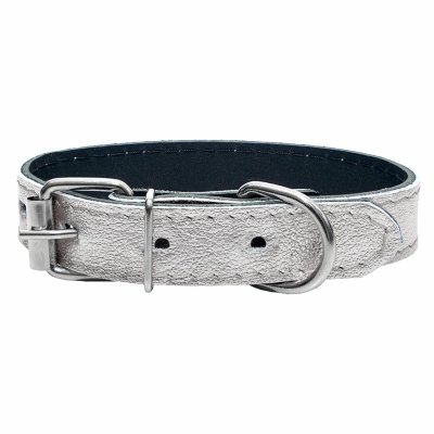 Ошейники, шлейки Yami Yami амуниция Ошейник кожаный "SILVER" серебристый, 2 слоя (16-22 см)