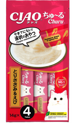 Холистики Inaba Лакомство-пюре CIAO Churu пюре для кошек Куриное филе и креветка 14г * 4шт (56 г)