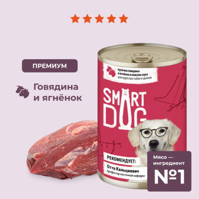 Консервы, паучи Smart Dog консервы Консервы для взрослых собак и щенков кусочки говядины и ягненка в нежном соусе. Влажный корм (850 г)