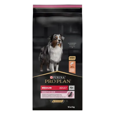 ProPlan Sensitive Skin Сухой корм для взрослых собак средних пород с чувствительной кожей, с высоким содержанием лосося, 14 кг