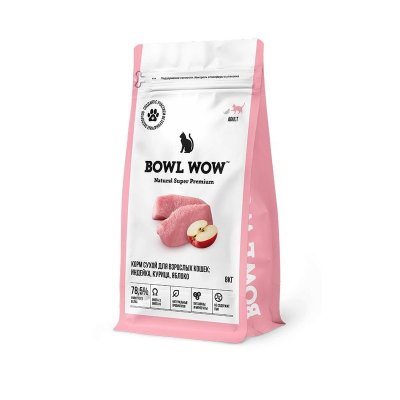 Bowl Wow сухой корм для кошек, полнорационный, с индейкой, курицей и яблоком - 8 кг
