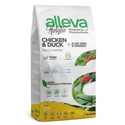Alleva Holistic Puppy/Junior Chicken &amp; Duck Maxi сухой корм для щенков и юниоров с КУРИЦЕЙ и УТКОЙ, алое вера и женьшенем - 12 кг