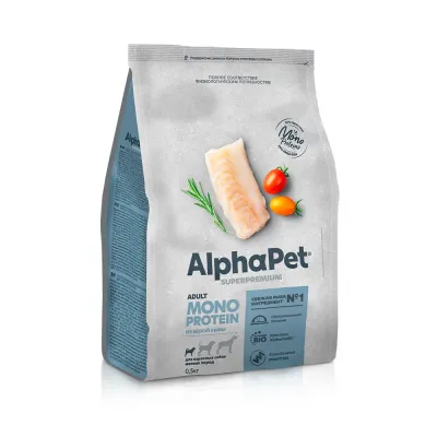 AlphaPet Adult Monoprotein Сухой корм для взрослых собак мелких пород, с белой рыбой, 500 гр.