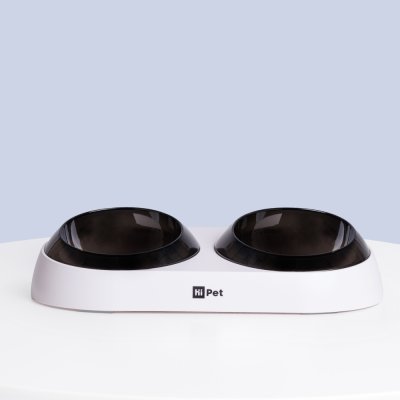 HiPet Миска двойная с уклоном и нескользящим дном для кошек и собак, 2х420 мл, черно-белый