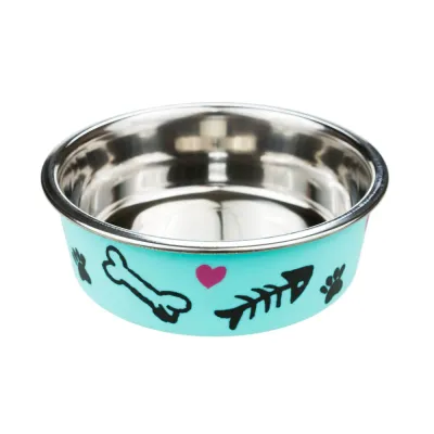 Petmax Миска металлическая для собак и кошек, 450 мл, диаметр 14 см, с рыбками