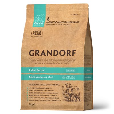 Grandorf Holistic Adult Medium & Maxi Сухой корм для собак средних и крупных пород, 4 вида мяса с пробиотиками, 3 кг