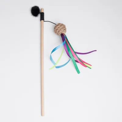 Pet hobby Игрушка-дразнилка из джута для кошек Шарик с лентами, игрушка 15х3х3 см, палка 50 см, длина резинки 47 см