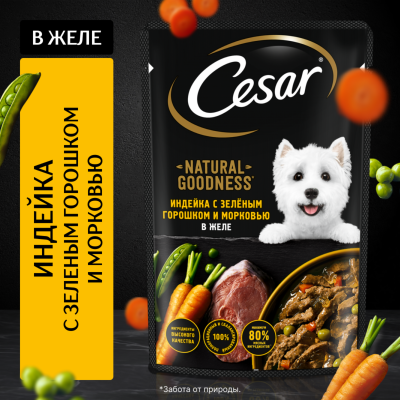 Еда Cesar Паучи для собак с индейкой, горохом, морковью в желе (80 г)