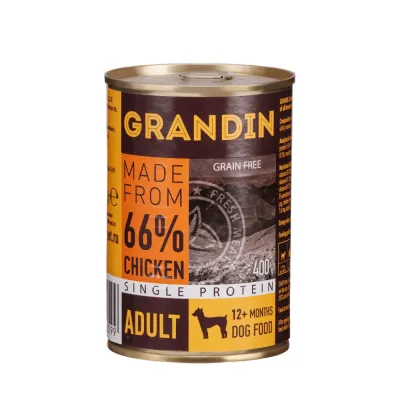Grandin Adult Влажный корм (консервы) для взрослых собак всех пород, с курицей и льняным маслом, 400 гр.