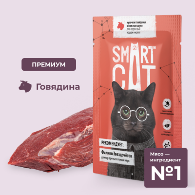 Консервы, паучи Smart Cat паучи Паучи для взрослых кошек и котят кусочки говядины в нежном соусе. Влажный корм (85 г)
