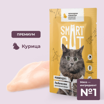 Консервы, паучи Smart Cat паучи Паучи для взрослых кошек и котят кусочки курочки в нежном соусе. Влажный корм (85 г)
