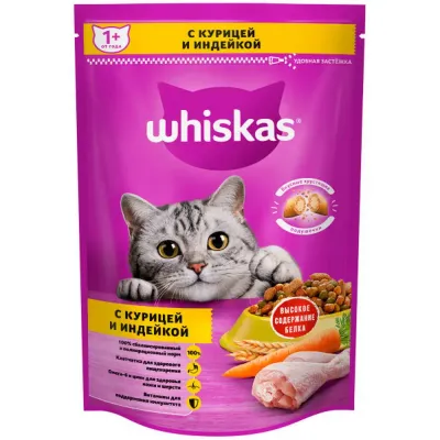 Whiskas Сухой корм для кошек старше 1 года, с курицей и индейкой, 350 гр.