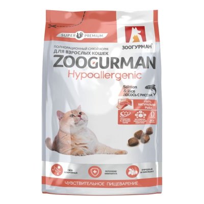Зоогурман Hypoallergenic полнорационный сухой корм для кошек, с лососем и рисом - 1,5 кг