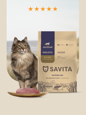 Холистики SAVITA сухой корм Беззерновой корм для стерилизованных кошек с мясом гуся, GRAIN FREE STERILISED, Goose, 400 г (400 г)