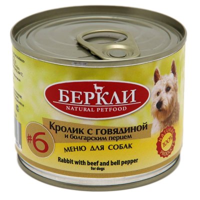 Корм для собак BERKLEY №6 Кролик с говядиной и болгарским перцем, банка 200г