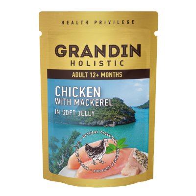 Grandin Влажный корм (пауч) для кошек, курица с макрелью в нежном желе, 85 гр.