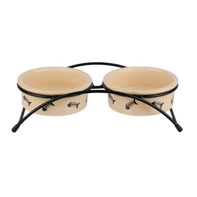 Petmax Миска керамическая двойная на подставке для кошек, 2х300 мл, бежевая срыбкой