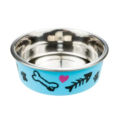 Petmax Миска металлическая для собак и кошек, 290 мл, диаметр 12 см, с рыбками