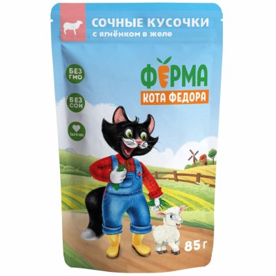 Консервы, паучи Мнямс Паучи для кошек Ферма кота Фёдора сочные кусочки в желе с ягненком (1 шт)