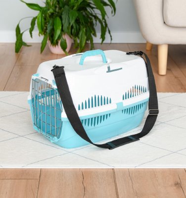 Переноски Yami Yami транспортировка Переноска для животных "Спутник" с наплечным ремнем, до 12 кг, бирюзовый/белый (49х33х32 см)